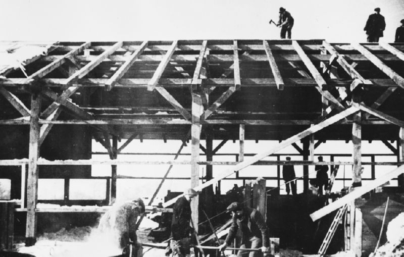 Prisoners construct barracks and other buildings at a Slovakian labor camp